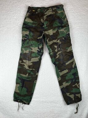 Vintage 80s Small 30x31 Army Military Woodland Camouflage Cargo Utility Pants